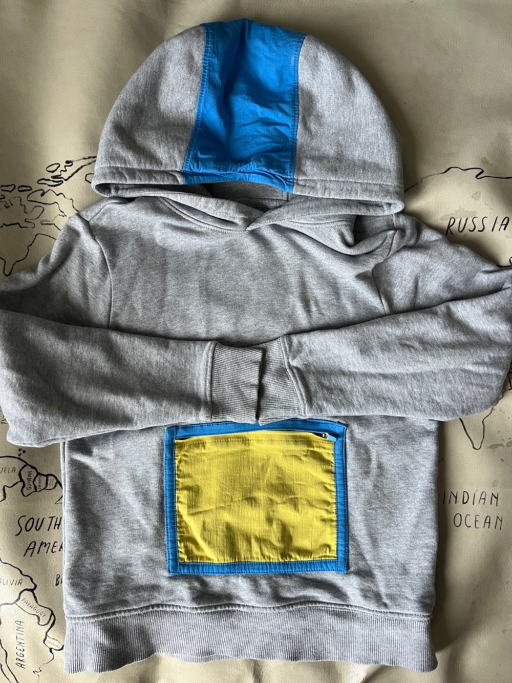 Hanna Andersson Gray Hoodie with Blue Hood Stripe and Yellow Pocket